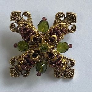 Vintage Antiqued Gold Toned Pin with Green Stone & Purple and Green Beads
